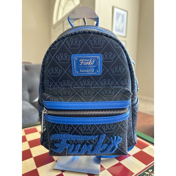 NWT EXCLUSIVE Funko Loungefly Mini Backpack Embroidered Crowns Black Blue Logo - Picture 1 of 5